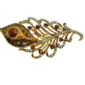 Vintage Liz Claiborne Peacock Feather BRooch Gold Tone Rhinestones Brown Blue LC
